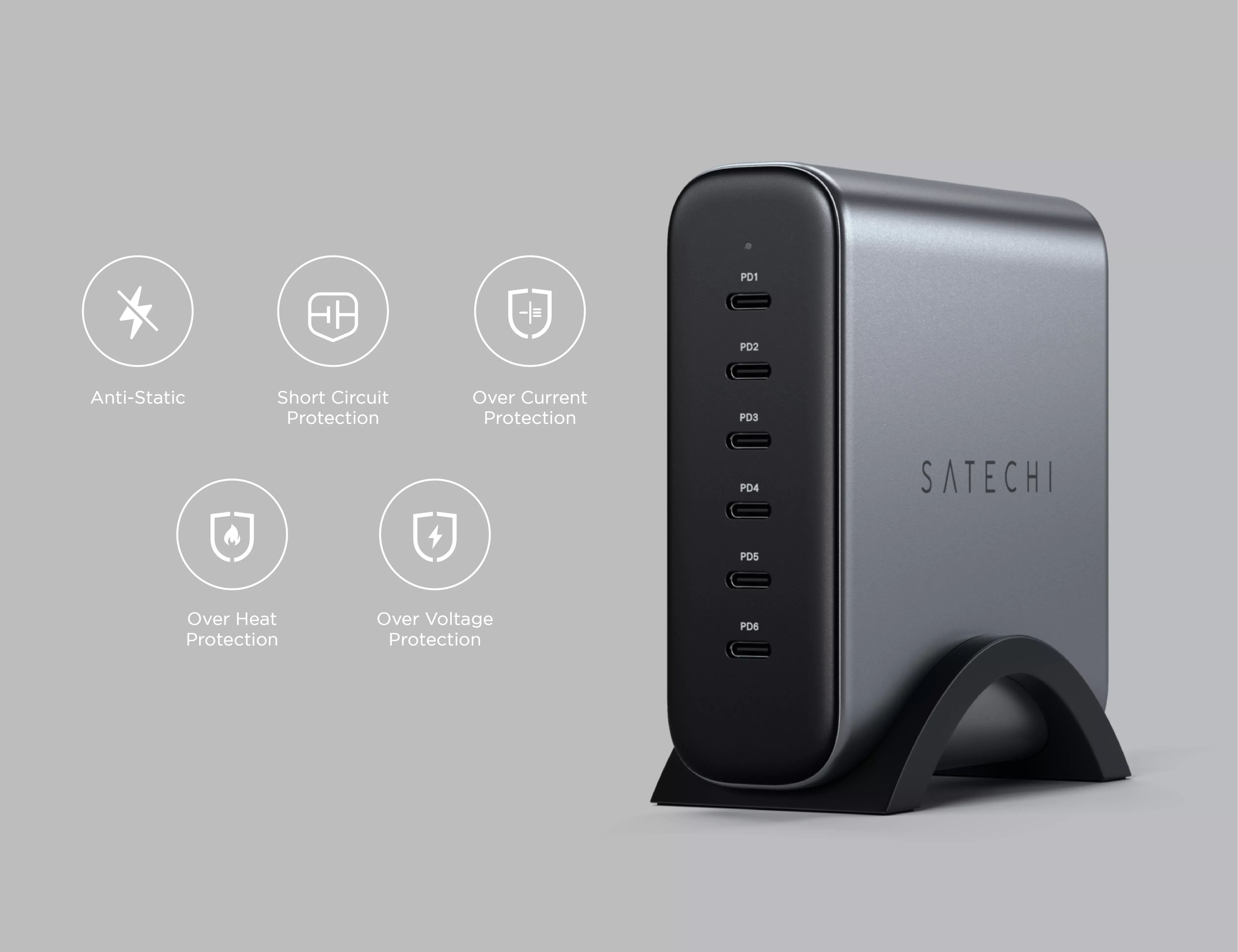 Мережевий зарядний пристрій Satechi 200W USB-C 6-Port PD GaN Space Gray - 1